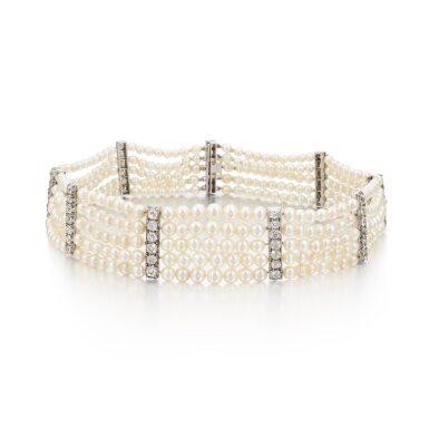 View full screen - View 1 of Lot 1077. Natural pearl and diamond choker, circa 1861 and later.