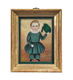 ATTRIBUTED TO MRS. MOSES B. RUSSELL (CLARISSA PETERS) | MINIATURE PORTRAIT OF A BOY IN A GREEN PLAID TUNIC AND TROUSERS WAVING HIS HAT, POSSIBLY WILLIAM CROWNINSHIELD ENDICOTT OF SALEM, MASSACHUSETTS