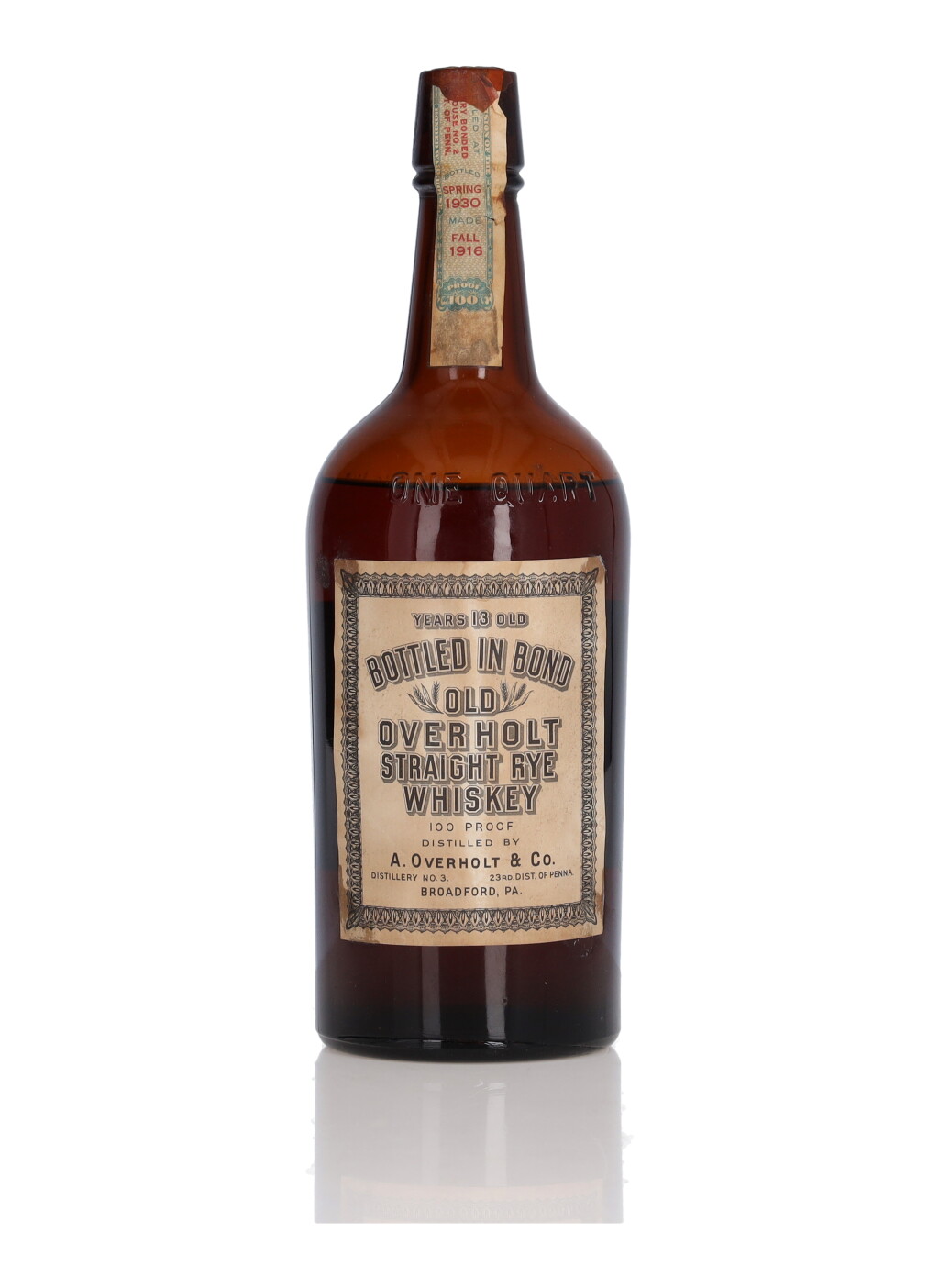 View full screen - View 1 of Lot 237. Old Overholt 13 Year Old Straight Rye 100 Proof 1916 (1 Bottle Quart).