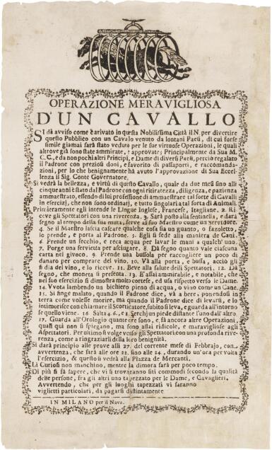 View full screen - View 1 of Lot 332. (Learned Animals, Horses) | An early playbill advertising an accomplished horse .