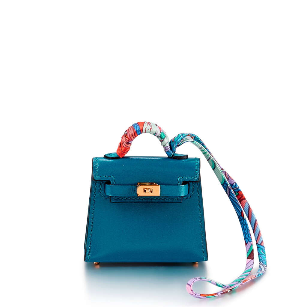 View full screen - View 1 of Lot 1103. Bleu Izmir Tadelakt Kelly Twilly Bag Charm Gold Hardware, 2021 .