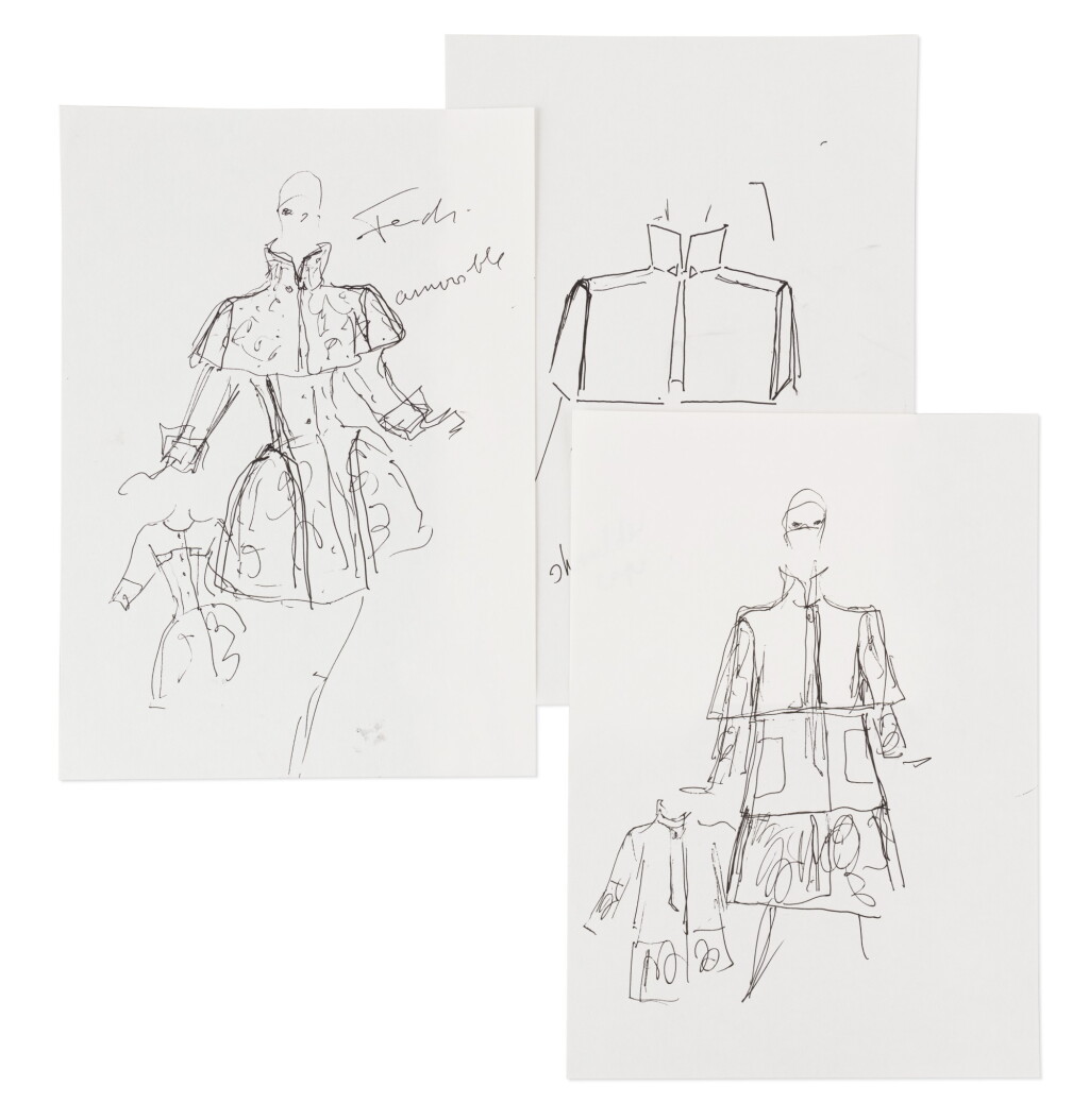 View full screen - View 1 of Lot 39. Three original sketches for fashion | Trois croquis de mode originaux.