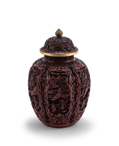 View full screen - View 1 of Lot 174. Vase couvert en laque rouge sculpté Dynastie Qing, XIXE siècle | 清十九世紀 剔紅開光山水人物圖蓋瓶 《大清乾隆年製》仿款 | A carved cinnabar lacquer vase and cover, Qing Dynasty, 19th century.