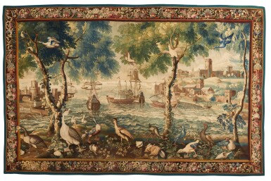 View full screen - View 1 of Lot 51. An exotic seaport tapestry, from the series ‘Ports de Mer’ (‘Seaports’), Beauvais Manufactory, circa 1695-1757, woven under directorship of Phillipe Behagle, possibly woven by Noel Antoine de Merou, after designs by Jan van den Kerchove and Adrien Campion.