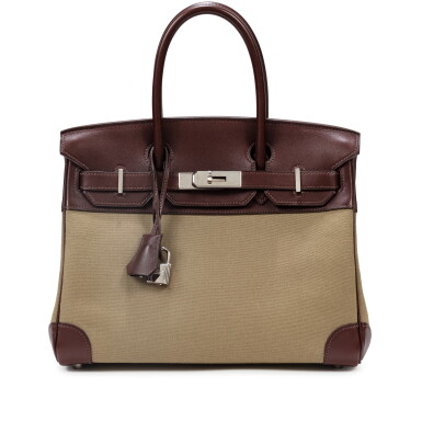 View full screen - View 1 of Lot 634. Frances Patiky Stein's Collection: Khaki Officier toile and Marron Swift Birkin 30 Palladium Hardware, 2008 .
