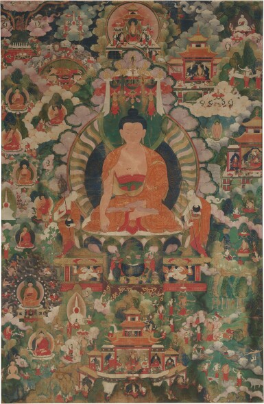 View full screen - View 1 of Lot 880. A large painting depicting Shakyamuni Buddha and his life story, Qing dynasty, 18th century.