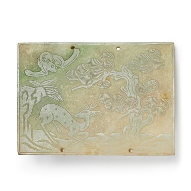 View full screen - View 1 of Lot 664. A carved jadeite 'deer and bat' belt buckle, 19th / 20th century | 十九 / 二十世紀 翠玉雕福祿雙全紋帶扣.