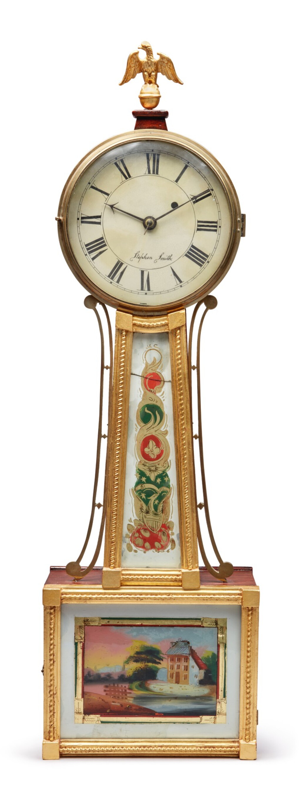 View full screen - View 1 of Lot 118. Federal Giltwood, Mahogany, Brass and Églomisé Paneled Patent Time Piece, Stephen Smith, Massachusetts, circa 1825.