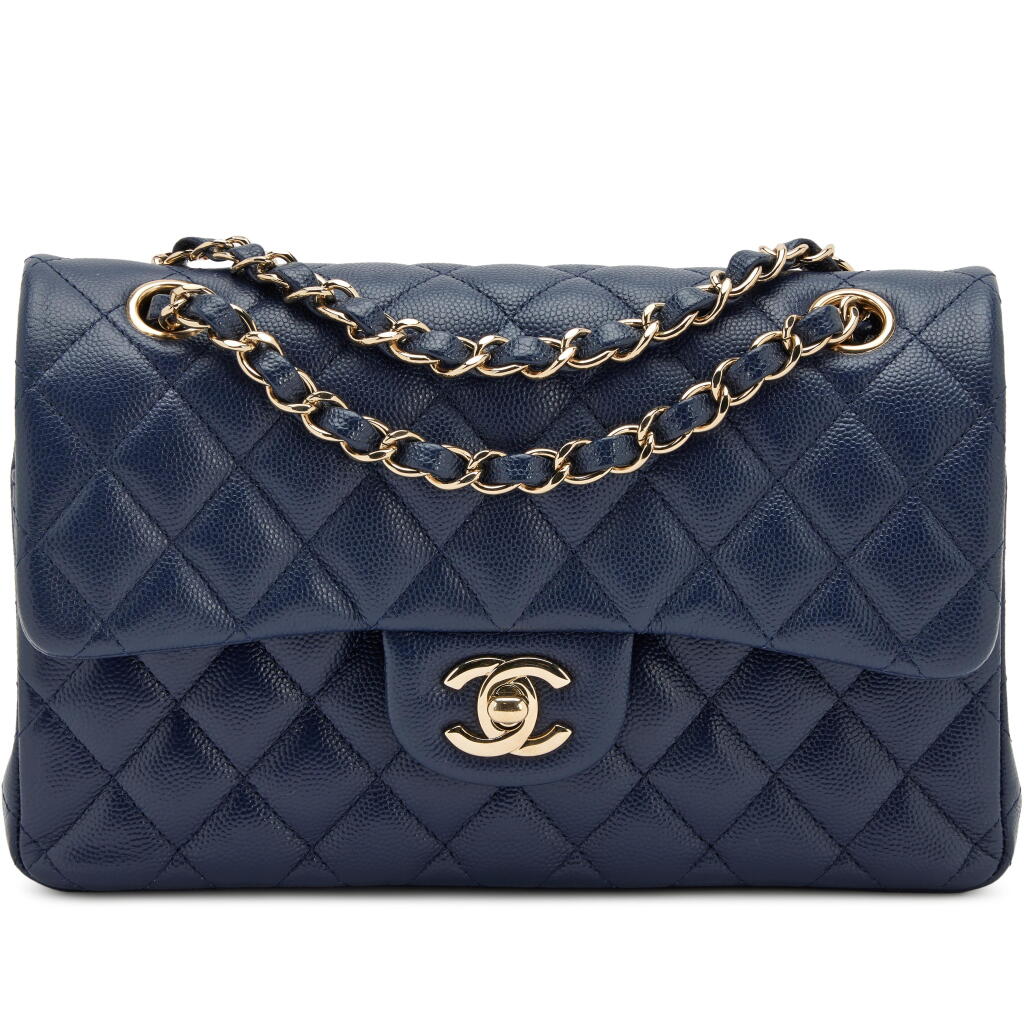View full screen - View 1 of Lot 132. Navy Quilted Caviar Small Classic Double Flap Pale Gold Hardware, 2019.