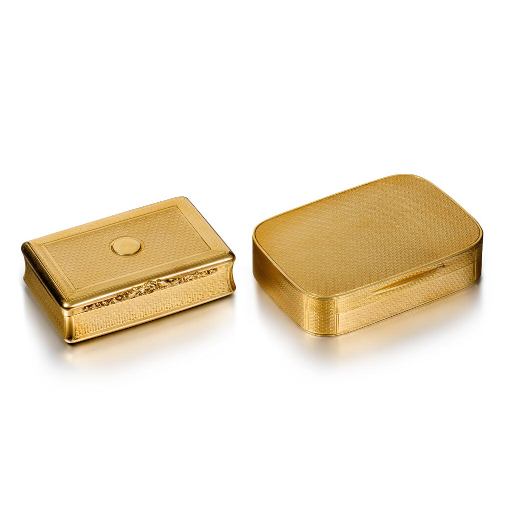 View full screen - View 1 of Lot 1117. Two gold snuff boxes, probably Alexander James Strachan, London, 1808, and Daniel Hockley & Thomas Bosworth, London, 1815 .