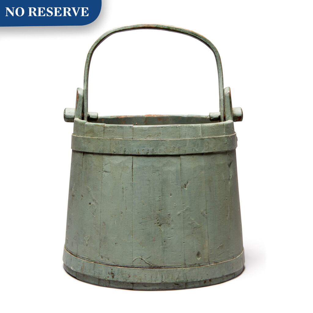View full screen - View 1 of Lot 339. Pair of Green-Blue Paint-Decorated Swing-Handled Buckets, Probably American, circa 1840.