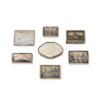 View full screen - View 1 of Lot 576. A Group of Seven Silver, Silver-Gilt, Niello and Mother of Pearl Boxes, Maker's Marks Cyrillic D.K, IK, I.O and Others, Moscow, Late 18th to First Half 19th Century.