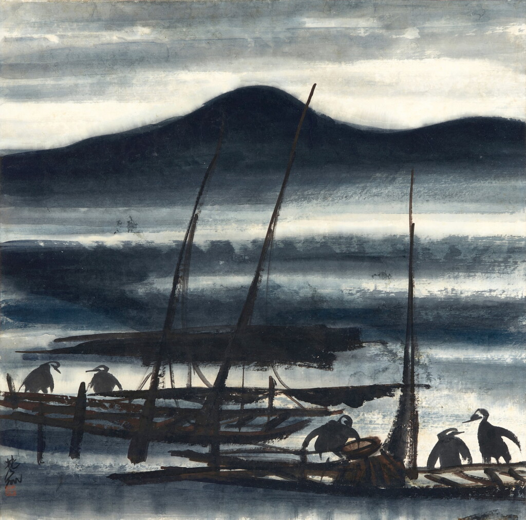 View full screen - View 1 of Lot 3175. 林風眠 葦畔鷺鷀 | Lin Fengmian, Cormorants by the Fishing Boats .