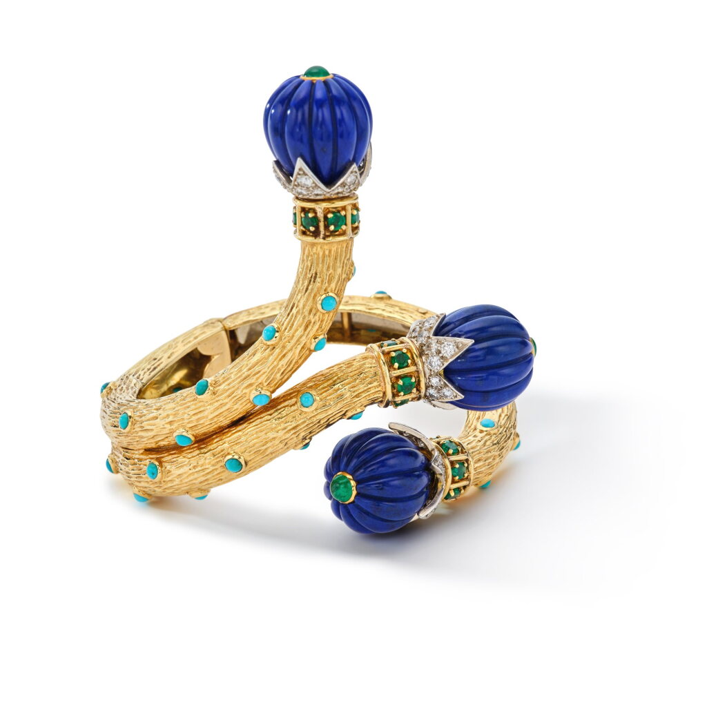 View full screen - View 1 of Lot 27. Gold, Lapis Lazuli, Diamond, Emerald and Turquoise Cuff-Bracelet.