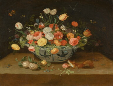 View full screen - View 1 of Lot 142. PSEUDO-JAN VAN KESSEL II | A still life of flowers in a porcelain bowl and a squirrel on a stone ledge.