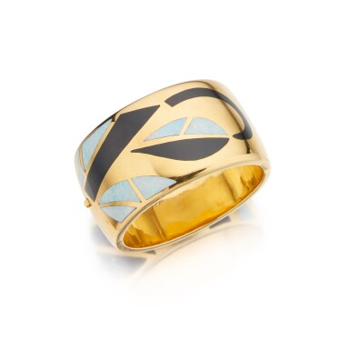 View full screen - View 1 of Lot 138. Angela Cummings for Tiffany & Co. | Gold, Opal and Black Jade Bangle-Bracelet.
