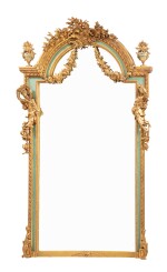 A pair of Louis XVI style carved, giltwood and parcel-painted mirrors