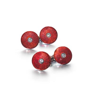 View full screen - View 1 of Lot 95. A Pair of Fabergé Jeweled Guilloché Enamel Cufflinks, Workmaster August Holmstrom, St Petersburg, Circa 1900.