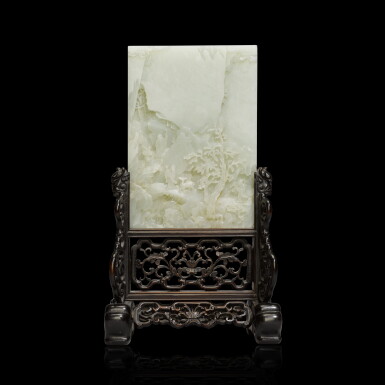 View full screen - View 1 of Lot 194. A well carved white jade screen, Qing dynasty, Qianlong period | 清乾隆 白玉松山高士瑞鹿圖硯屏.