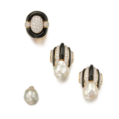 View full screen - View 1 of Lot 507. Pair of Enamel, Diamond and Cultured Pearl Earclips and Enamel and Diamond Ring.