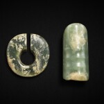 A celadon jade silkworm and a celadon jade slit ring, jue, Neolithic period | 新石器時代 青玉玦及玉蠶