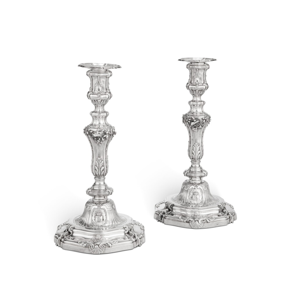 View full screen - View 1 of Lot 46. A pair of silver hunting trophy candlesticks, Louis-Joseph Lenhendrick, Paris, 1749-1750 | Paire de flambeaux en argent aux trophées de chasse par Louis-Joseph Lenhendrick, Paris, 1749-1750.