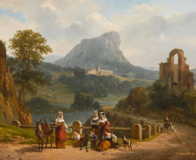 View full screen - View 1 of Lot 104. View of the Sabine Hills and the River Tiber, with figures gathered around a fortune teller and a shepherd.