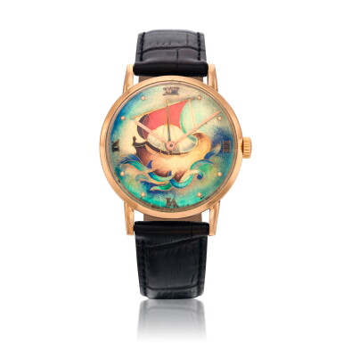 View full screen - View 1 of Lot 77. 'Les Armes de Paris', A rare pink gold wristwatch with a cloisonné enamel dial, Made in 1949 百達翡麗 Les Armes de Paris 罕有粉紅金腕錶配掐絲琺瑯錶盤,1949年製.