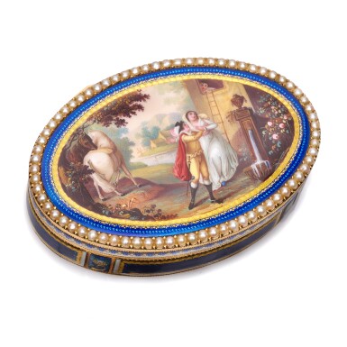 View full screen - View 1 of Lot 1122. A pearl-set gold and enamel snuff box, Geneva, circa 1785.
