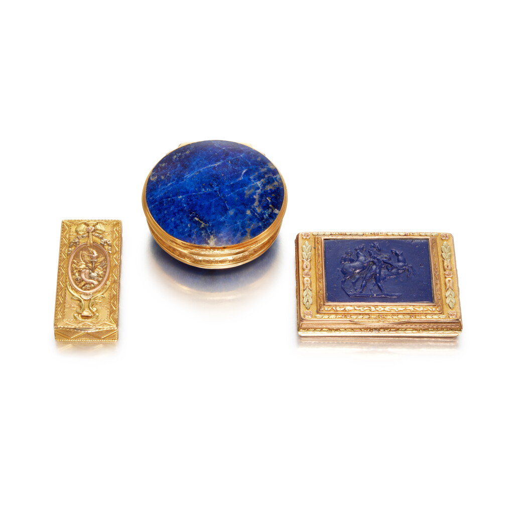 View full screen - View 1 of Lot 457. A Group Of Three Gold And Lapis Lazuli Snuff Boxes, Circa 1760 And Early 19th Century.
