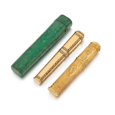 View full screen - View 1 of Lot 413. Two varicoloured gold needle or sealing wax cases, Paris, late 18th century.