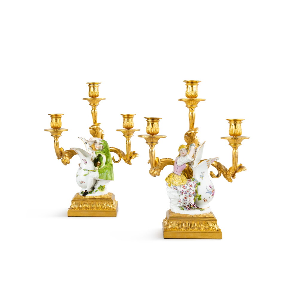 View full screen - View 1 of Lot 719. A pair of gilt-bronze mounted Samson porcelain three-light candelabra, the porcelain Samson, late 19th century, the mounts late Louis XV, circa 1770.