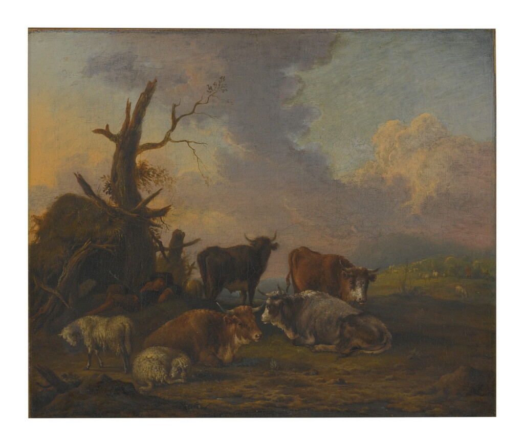 View full screen - View 1 of Lot 116. Sold Without Reserve | MICHIEL CARRÉE | A LANDSCAPE WITH COWS, SHEEP AND A RESTING HERDSMAN.