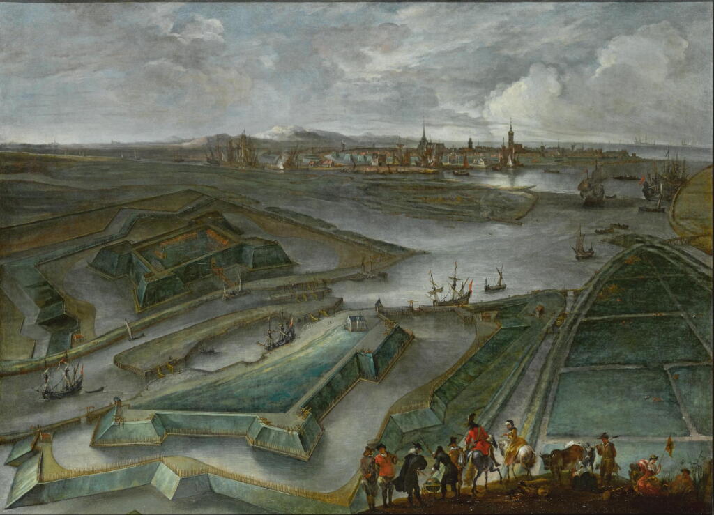 View full screen - View 1 of Lot 25. HENDRIK VAN MINDERHOUT | An aerial view of Ostend, with the Fort Saint Philippe and shipping on the Slijkens Sluice, and figures in the foreground .