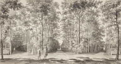 View full screen - View 1 of Lot 1030. Elegantly dressed figures walking in a park | Figures élégantes dans un parc .