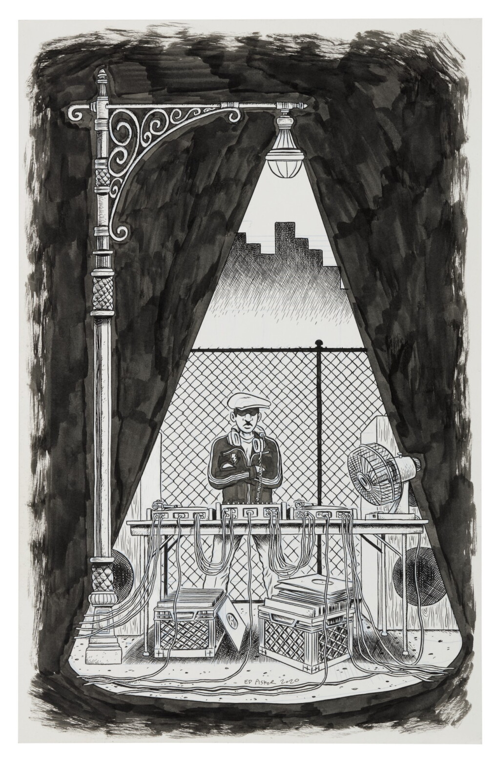 View full screen - View 1 of Lot 42. ED PISKOR | "Park DJ". Original artwork for page 2, volume 1 of "The Hip Hop Family Tree", 2015.