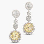 Pair of Fancy Intense Yellow Diamond, Rock Crystal and Diamond Pendent Earrings | 8.41 及 7.46克拉 濃彩黃色鑽石 配 水晶 及 鑽石 耳墜一對