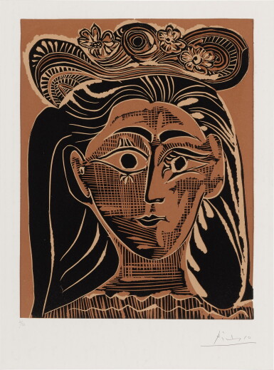 View full screen - View 1 of Lot 38. PABLO PICASSO | PORTRAIT DE JACQUELINE AU CHAPEAU DE PAILLE FLEURI (FEMME AU CHAPEAU À FLEURS) (B. 1075; BA. 1322).