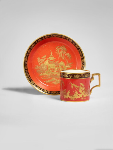 View full screen - View 1 of Lot 686. A Vienna, Sorgenthal, Porcelain Red-Ground Chinoiserie Cup and Saucer, circa 1794.