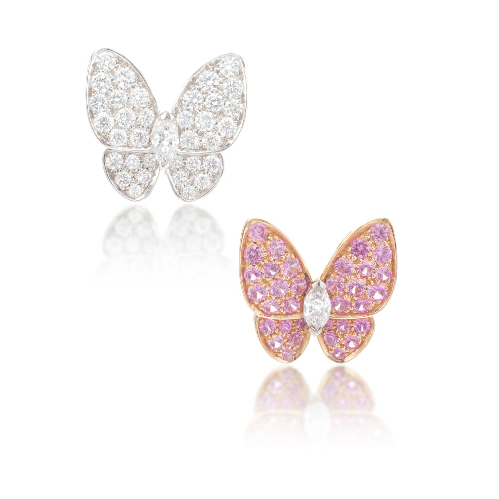 View full screen - View 1 of Lot 803. Pair of pink sapphire and diamond ear clips, 'Papillon'.