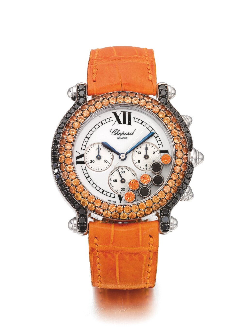 View full screen - View 1 of Lot 48. CHOPARD | REF S28/3335-23 HAPPY SPORT, A WHITE GOLD, BLACK DIAMOND AND CITRINE SAPPHIRE SET CHRONOGRAPH WRISTWATCH WITH DATE CIRCA 2000.