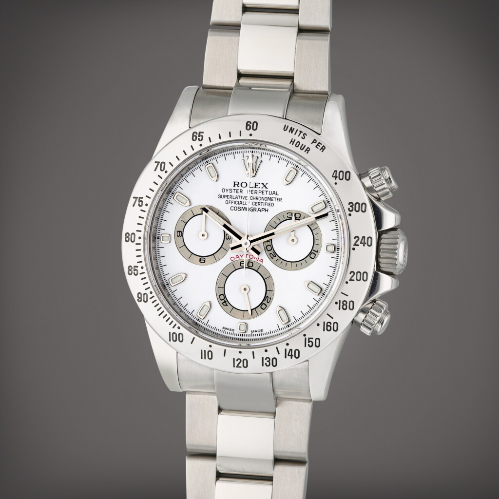 View full screen - View 1 of Lot 203. Reference 116520 Daytona 'APH dial' | A stainless steel automatic chronograph wristwatch with bracelet, Circa 2010.