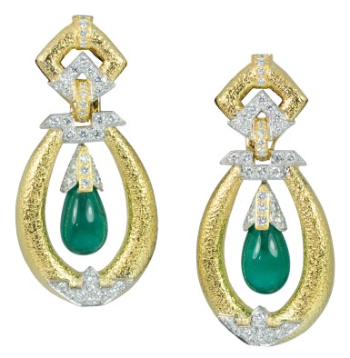 View full screen - View 1 of Lot 19. DAVID WEBB | PAIR OF GOLD, EMERALD AND DIAMOND EARCLIPS.