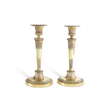 View full screen - View 1 of Lot 395. A Pair of George III Silver-Gilt Table Candlesticks, Paul Storr for Rundell Bridge & Rundell, London, 1809.
