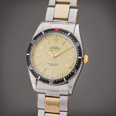 View full screen - View 1 of Lot 70. Reference 6202 Turn-O-Graph | A stainless steel and yellow gold automatic wristwatch with bracelet, Circa 1953.