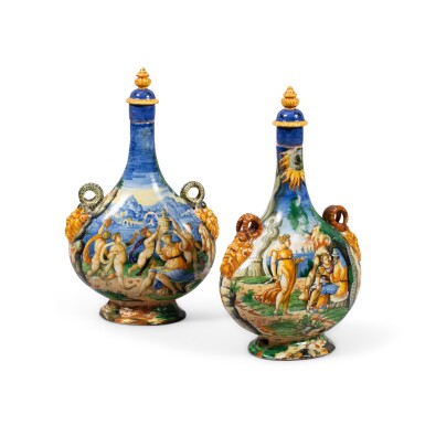 View full screen - View 1 of Lot 10. Two Urbino istoriato pilgrim flasks, mid-16th century, probably workshop of Orazio Fontana.