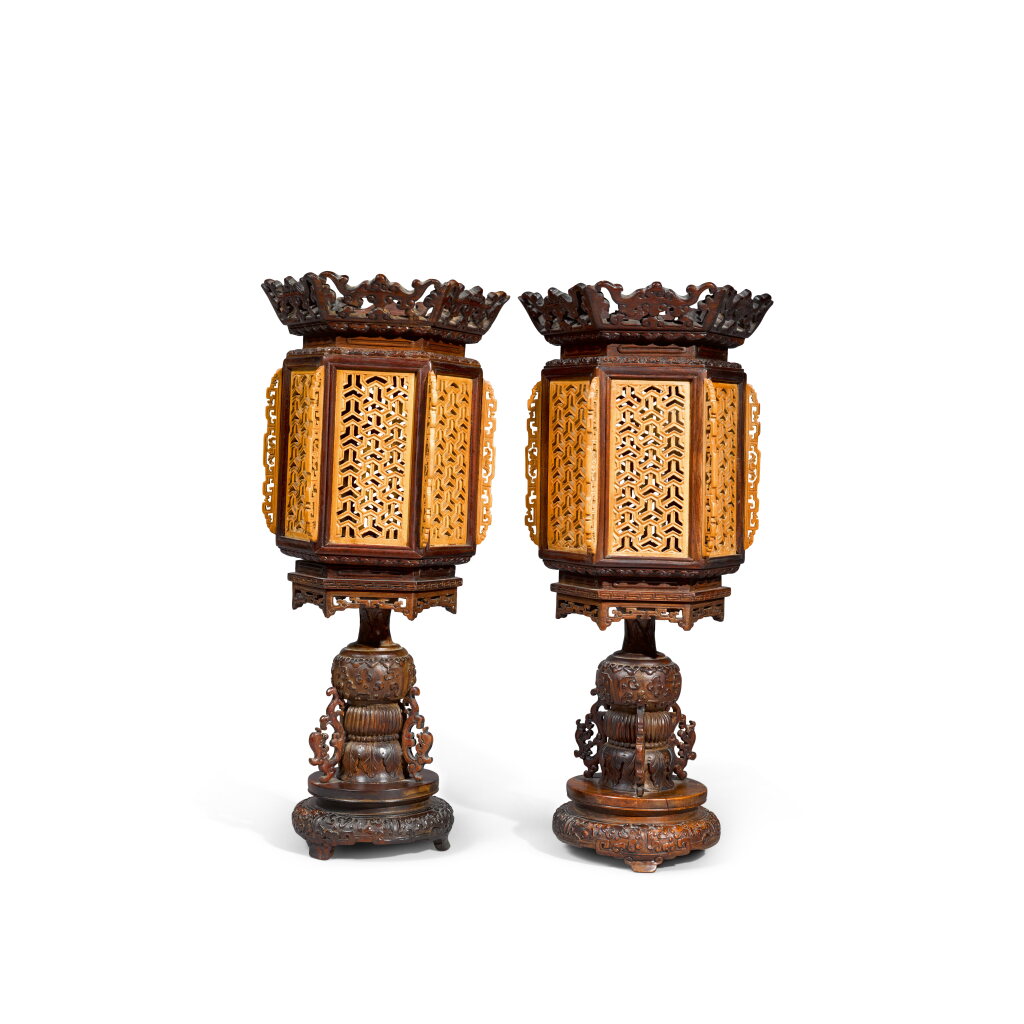 View full screen - View 1 of Lot 39. A pair of 'hongmu' and boxwood hexagonal tabletop lanterns and stands, Late Qing dynasty.