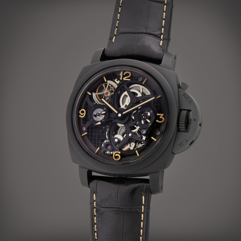 View full screen - View 1 of Lot 32. Reference PAM00528 Luminor 1950 Lo Scienziato | A limited edition black ceramic and titanium skeletonized tourbillon dual time wristwatch with day/night and power reserve indication, Circa 2014 | The Hammer Collection.