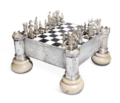 View full screen - View 1 of Lot 162. A Massive German parcel-gilt silver chess set, successors of Neresheimer & Co., Hanau, probably circa 1960/70.