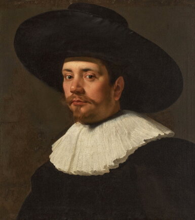 View full screen - View 1 of Lot 135. Portrait of a man, bust-length, wearing a black dress, white ruff and large black hat.